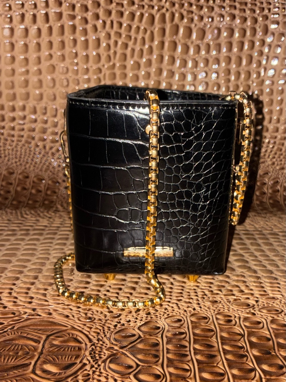 Black Croc-Embossed Mini Chain Crossbody Bag - Gold Hardware